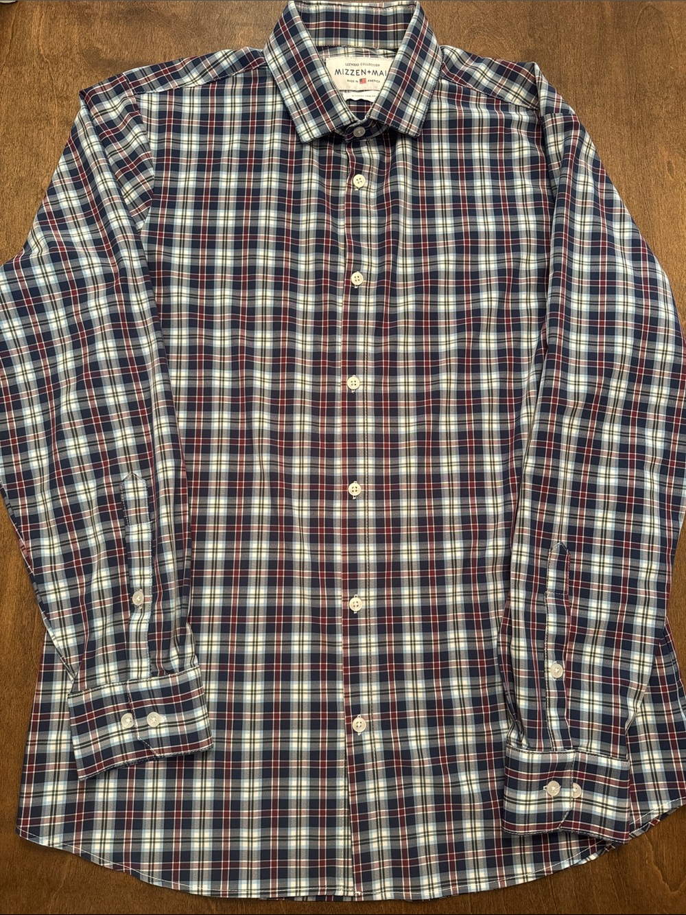 Mizzen + Main Navy and Maroon Plaid Leeward Trim Fit Dress Shirt